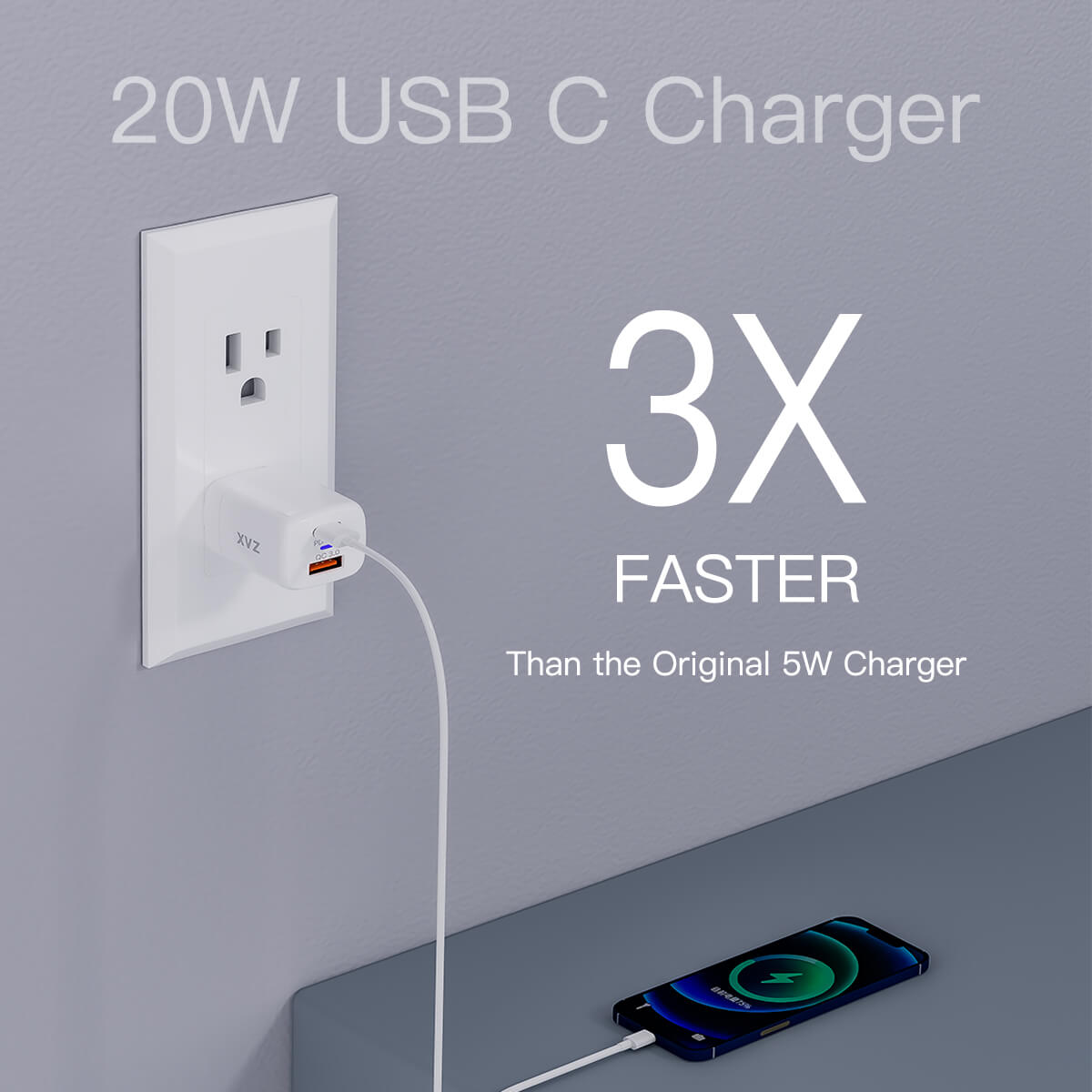 20W PD USB-C Charger is compatible with PD, QC fast charging